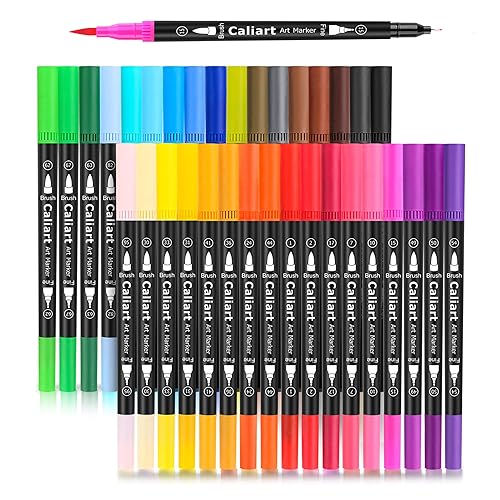 Caliart 34 Double Tip Brush Pens Art Markers, Aesthetic Cute Preppy Stuff School Supplies, Artist Fine & Brush Pen Coloring Markers for Kids Adult Book Cards Drawing Craft Kit Teacher Office Supplies - 34 colors