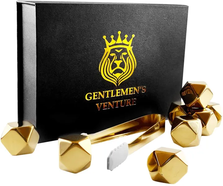 Gentlemen's Venture Whiskey Stones Gold Luxe Gift Set Edition 8 Reusable Diamond Shaped Stainless Steel Chill Cubes Including Matching Silicone Tip Tongs and Storage Tray