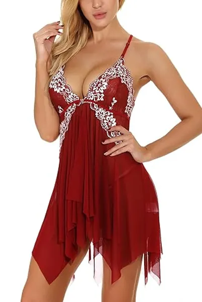 ONGASOFT Sexy Conjunto De LenceríA para Mujer Babydoll Ropa con Cuello En V Y Cierre Frontal Abierto con Tanga - XL - Carmesí