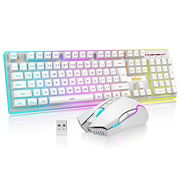 RedThunder K10 Wireless Gaming Keyboard and Mouse Combo, LED Backlit Rechargeable 3800mAh Battery, Mechanical Feel Anti-ghosting Keyboard + 7D 3200DPI Mice for PC Gamer (White)