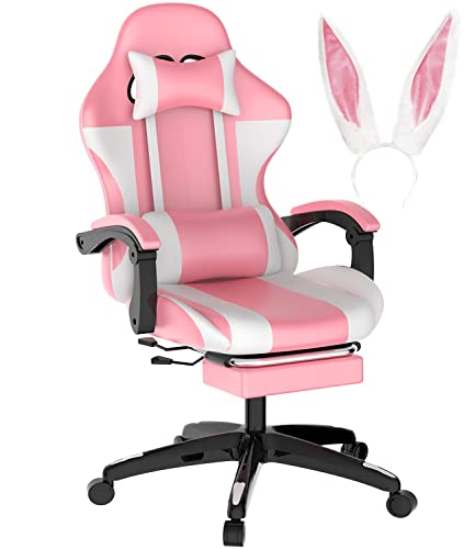 QUDODO Pink Gaming Chair with Footrest,Thicken Seat Ergonomic Computer Gamer Chair, 3D Armrest PU Leather Headrest & Lumbar Support,Racing Style Video Game Chairs for Girls & Wife Pink