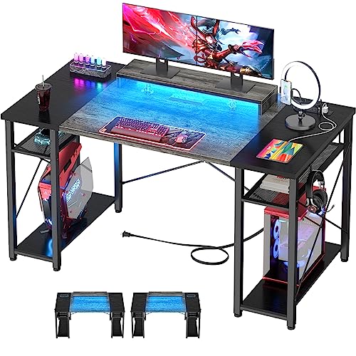 Cyclysio Reversible Computer Desk 55'' Gaming Desk with Shelves Writing Desk Table with Charge Outlets USB Ports Led Lights Moveable Monitor Stand for Home Office, Bedroom - 55" Grey - Double Shelves