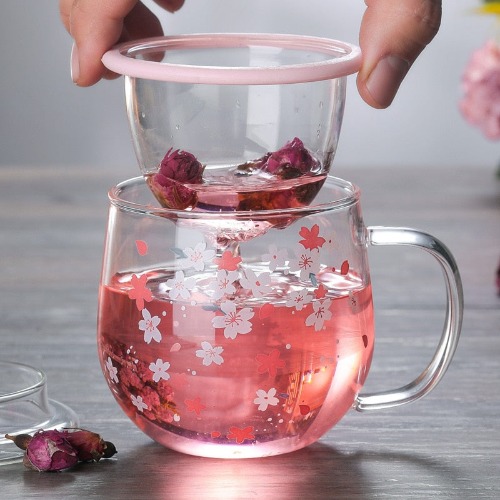 Sakura Cherry Blossom Glass Mug with Tea Infuser - as show / 300ml