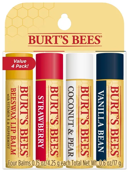 Burt's Bees Lip Balm, Moisturizing Lip Care, 100% Natural, Original Beeswax, Strawberry, Coconut & Pear, Vanilla Bean with Beeswax & Fruit Extracts (4 Pack)