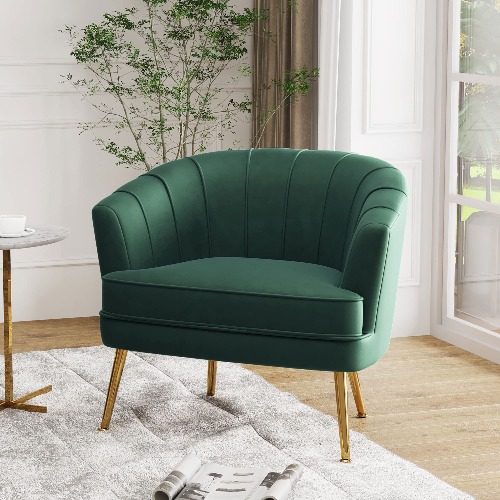 SHINEBOOM Velvet Accent Chairs for Living Room Bedroom Office Leisure Upholstered Single Sofa Chair Arm Chair Comfy Chair Reading Club Coffee Chair with Metal Legs, Green - Single chair Green