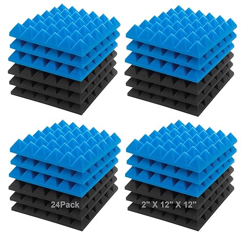 JBER Acoustic Sound Foam Panels, 24 Pack 2" X 12" X 12" Blue and Black Soundproofing Treatment Studio Wall Padding Sound Absorbing Fireproof Pyramid Acoustic Treatment… - 5 X 30 X 30cm - Anthracite and Blue