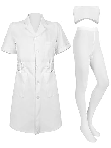 Hercicy Nurse Dress Costume Set for Women White Short Sleeve Medical Lab Coat Nurse Cap Footed Pantyhose Halloween Cosplay - Medium - Classic Style