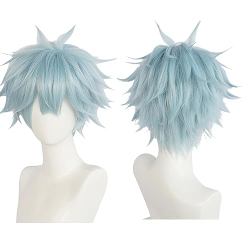 ANOGOL Hair Cap+Light Blue Wig for Men Short Blue Cosplay Wig Spiky Blue Cosplay Wig Short Spiky Wig Blue Anime Okazaki Shinichi Cosplay Costume Wig for Halloween Party - Light Blue