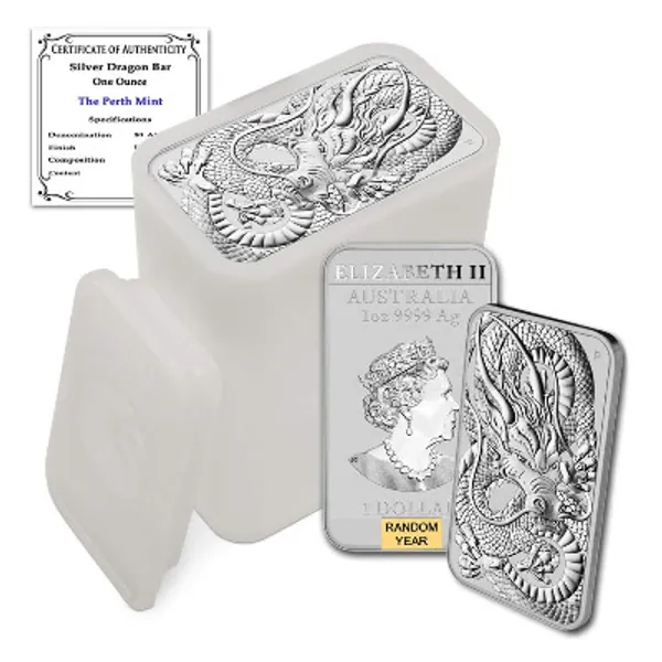 2018 - Present (Random Year) Lot of (20) 1 oz Silver Bars Australia Perth Mint Dragon Series Rectangular Coins Brilliant Uncirculated with Certificates of Authenticity by CoinFolio $1 BU