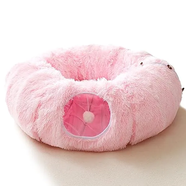 HIPIPET Winter Plush Cat Tunnel with Cat Bed for Indoor Cats,Multifunctional Cat Toys for Small Medium Large Cat.(Pink)