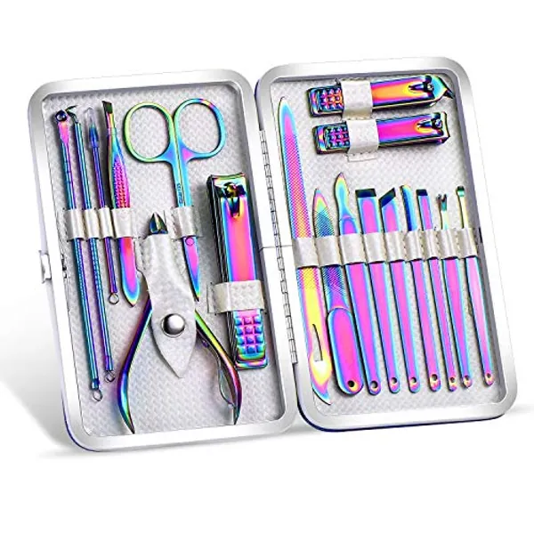 2020 New Rainbow Manicure Kits 18 Pcs Nail Clippers for Women Gift SFYDOM Women's Rainbow Leather Manicure Set (18-RainbowManicure Kits)