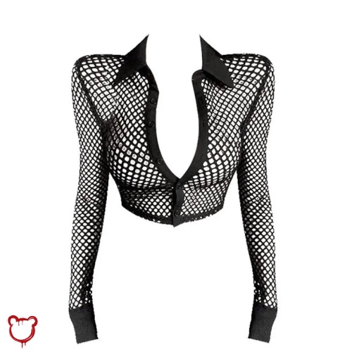 'Youthful Black Goth Fishnet Top' - Black / L