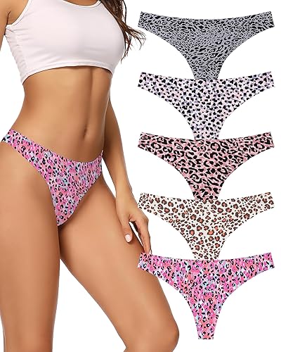 voenxe Seamless Women Underwear Thongs,No Show Ladies Thong,No Line Workout Breathable Comfortable Panties,Soft Undies,5-Pack - Large - G-5 Pack Leopard Print