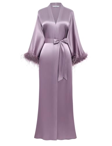 PRODESIGN Satin Kimono Robe Long Bath Robe with Ostrich Feather Trim Sleepwear Wedding Bridesmaid Robe - One Size - Light Purple