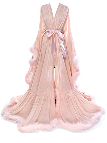 Molisa Womens Sexy Feather Bridal Robe Long Wedding Scarf Illusion Bathrobe Sleepwear Lingerie Robe Nightgown - Small-Medium - Blush