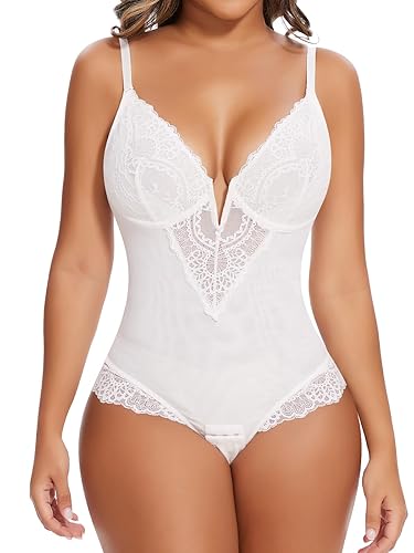 SHAPERIN Sexy Lace Shapewear Bodysuit Women's Sleeveless V Neck Tummy Control Backless Thong Tank Tops Body Suit Shaper - White - X-Large