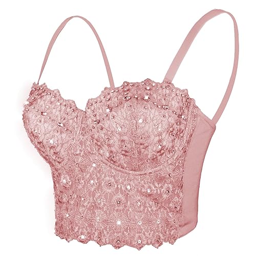 ELLACCI Women's Natural Reigning Lace Rhinestone Bustier Crop Top Sexy Mesh Corset Top Bra - Large - Pink