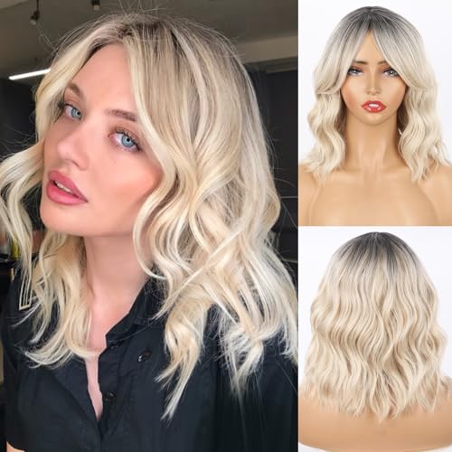 Platinum Blonde Wig Wavy Bob Cool Blonde Wig with Curtain Bangs for Women Short Ombre Blonde Wig Synthetic Curly Bob Wavy Shoulder Length Ash Blonde Wig 14inch Real Hair Wigs for Daily Party Use - Ombre Platinum Blonde#