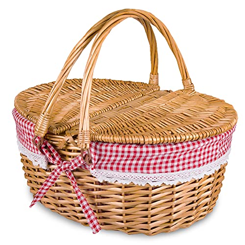 Wicker Picnic Basket with Lid and Handle Sturdy Woven Body with Washable Plaids Liner,Red - Red Check