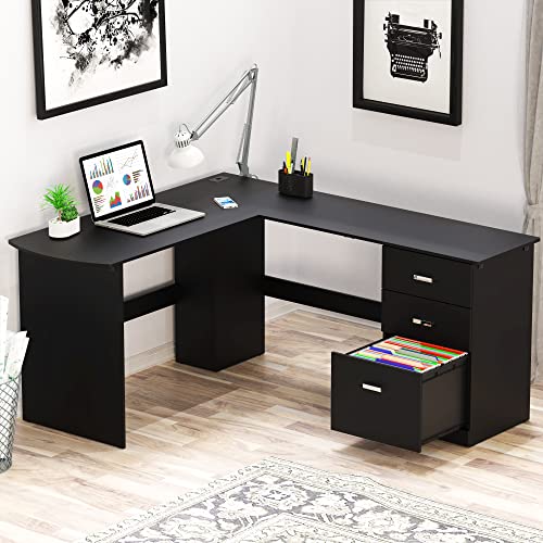 SHW L-Shaped Home Office Wood Corner Desk with 3 Drawers - Drawers - Black