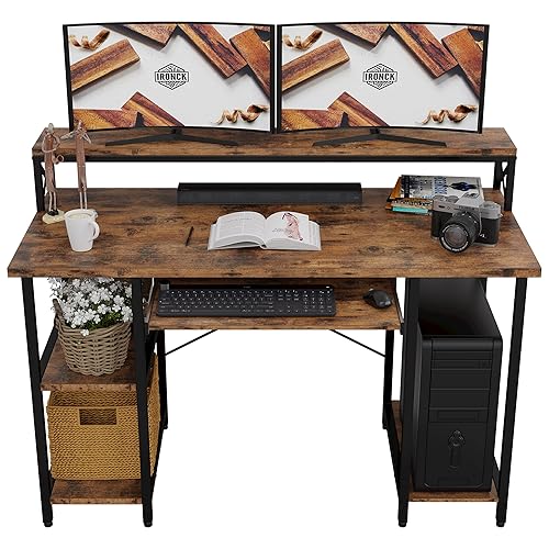 IRONCK Computer Desk 47", Home Office PC Desk with Keyboard Tray Monitor Stand Storage Shelf CPU Stand, Modern Study Writing Table for Home Office, Black - 47 inches Black