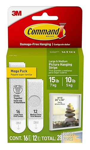 Command Medium and Large Picture Hanging Strips, Damage Free Hanging Picture Hangers, No Tools Wall Hanging Strips for Living Spaces, White, 12 Medium Pairs and 16 Large Pairs - White 28 Pairs Standard Packaging
