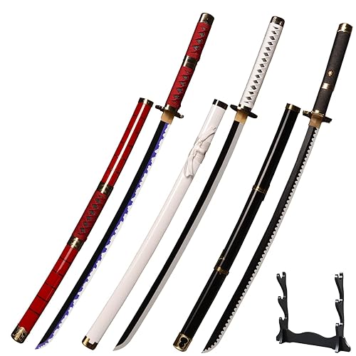 Forgemith Bamboo Anime Cosplay Swords：Roronoa Zoro/Kitetsu/Yama Enma/Trafalgar Law/Kozuki Oden/Edward Newgate,About 40.75/59 Inches,Anime Original Texture,for Role-Playing,Stage Performance and Gift - 3 Piece - Kitetsu +Yubashiri+Wado Ichimonji+Display Stand