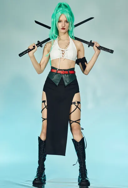 OP Zoro Derivative Kimono Style Casual Outfit Halter Top and Skirt with Jacket and Belt Costume
