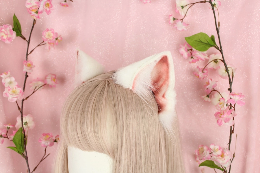 White realistic cat ears headband