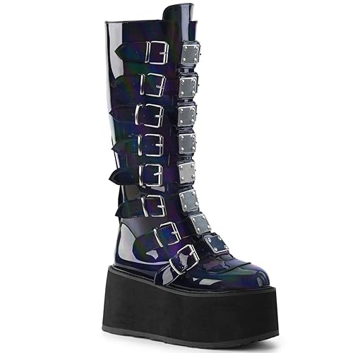 Demonia Women's Damned-318 Knee-high Boots - 9 - Black Hologram Vegan Leather