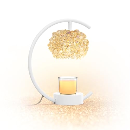 Yeuslor Candle Warmer Lamp for Jar Candles with Adjustable Brightness＆Timer，Handcrafted Crystal Candle Lamp Luxurious Design+2Bulbs,Home Decoration Electric Candle lamp(White C-Shaped) - White