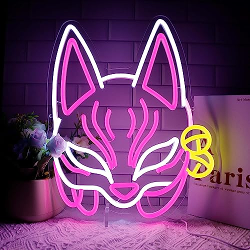 Qaero Japanese Fox Mask Neon Sign, Dimmable Pink LED Anime Neon Light for Wall Decor, Gaming Neon Sign, USB Neon Light for Man Cave Birthday Party Masquerades Props Wall Decor Gift(12.7 * 15.7in)