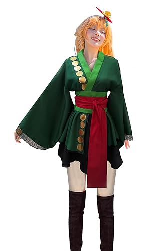 ulesoke Women Anime Cosplay Costume Lolita Kimono Robe Dress Sexy Suspender Skirt Outfits Halloween Suit with Belt - X-Large - Green