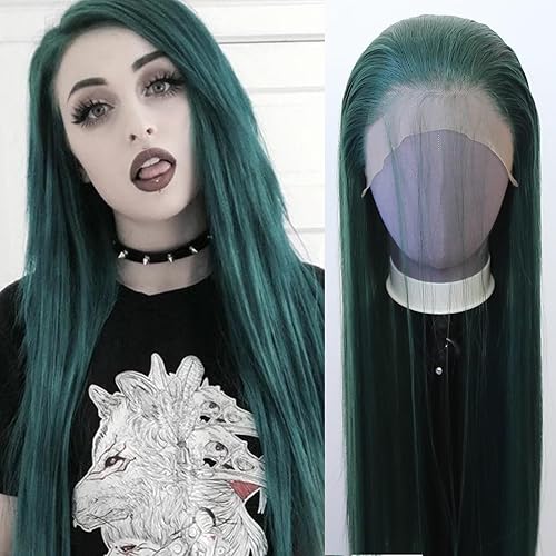 zigzag hair Dark Green Wig Long Straight Dark Green Synthetic Lace Front Wigs Pre Plucked with Natural Hairline for Fashion Women Heat Resistant Fiber Hair Glueless Synthetic Lace Wig (Dark Green) - Dark Green