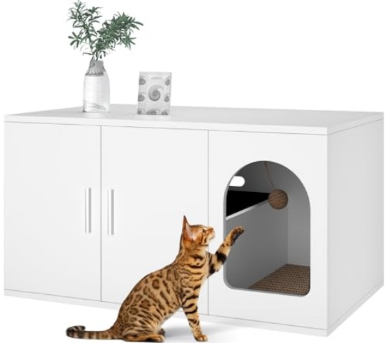 Amunrbrek Litter Box Enclosure, Cat Litter Box Enclosure Furniture, Wooden Litter Box Furniture with 2 Enclosure Liner (White)
