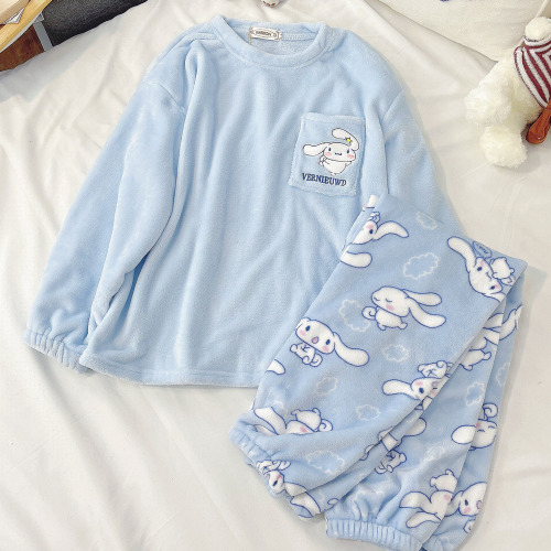 Cute Cartoon Pajamas Kawaii Sanrioed Kuromi My Melody Cinnamoroll Flannel Pullover Warm Thick Pajamas Homewear Girl Heart Gift