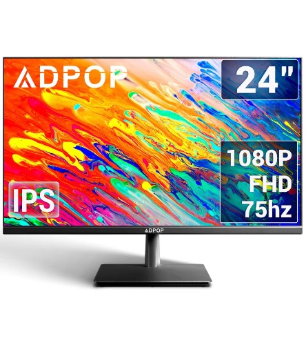 ADPOP PC-monitor 24 inch IPS-display FHD 1080p 75Hz geïntegreerde luidspreker, 5ms zwak blauw anti-reflectie led 24 inch desktopscherm HDMI/VGA/Audio/Freesync, verstelbare helling