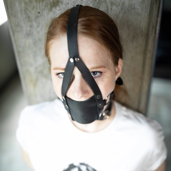 Black Leather Head Harness Panel Gag with Gag Ball