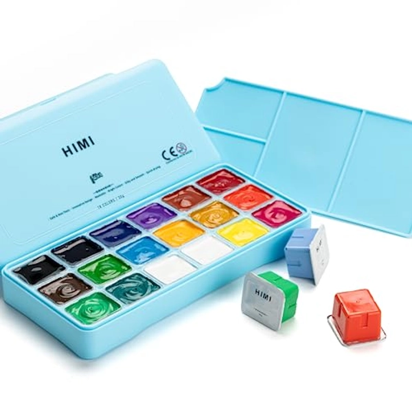 HIMI Gouache Paints Set, 18 Colors, 30g, jelly gouache paint set, Non Toxic Paint for Canvas and Paper, Art Supplies for Professionals, and More (Blue Case