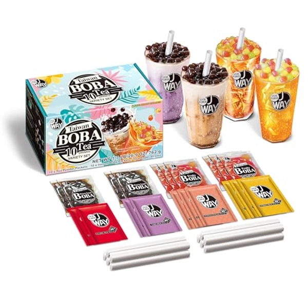 J WAY Instant Boba Bubble Pearl Variety Milk Tea Fruity Tea Kit with Authentic Brown Sugar Fruity Tapioca Boba, Ready in Under One Minute, Paper Straws Included - Gift Box - 10 Servings
