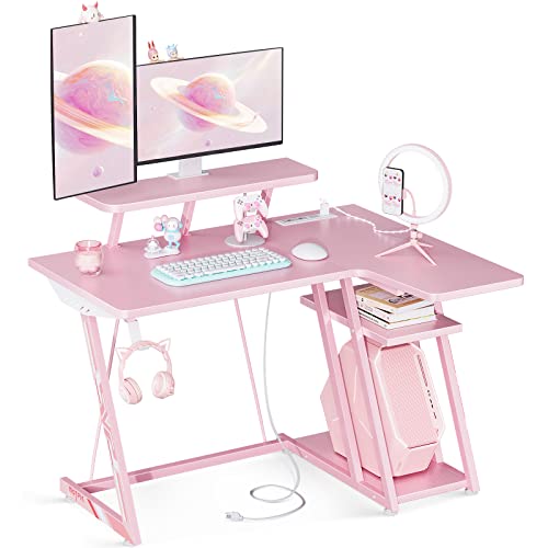 MOTPK Small Corner Gaming Desk L Shaped with Storage Shelf & Power Outlets, Computer Desk with Monitor Shelf, Carbon Fiber Surface, Gamer Desk Gaming Table, Pink, 39 Inch - 39 Inch - Piggy Pink