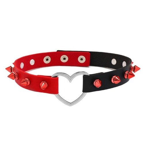 Red & Black Goth PU Faux Leather Choker (8 Variations) - Red black heart spikes