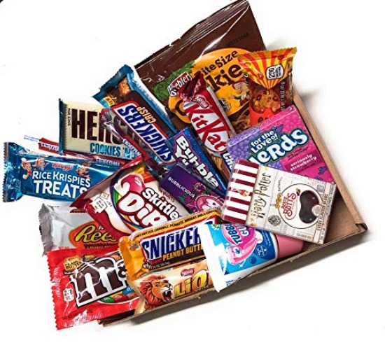 MISTERY BOX CONFEZIONE DI SNACK AMERICANI SALATI E/O DOLCI PER IDEE REGALO SCATOLA VINTAGE DI CARTONE - L