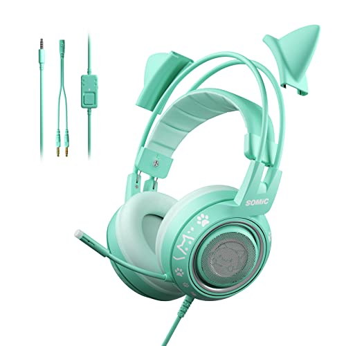 Somic G951S Green Gaming Cuffie con Microfono per PS4, PS5, Xbox One, PC, Cat Ear Cuffie Over Ear con Microfono In-Line, Suono Stereo per Ragazze, Donna - Verde
