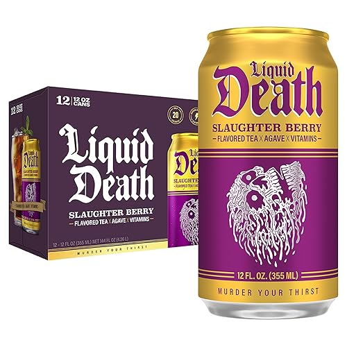 Liquid Death, Slaughter Berry Flavored Iced Tea, 12-Pack (12 oz Cans), Raspberry Flavored Black Tea, Low Calorie, No Artificial Sweeteners, B12 & B6 Vitamins - Slaughter Berry - 12 Fl Oz (Pack of 12)