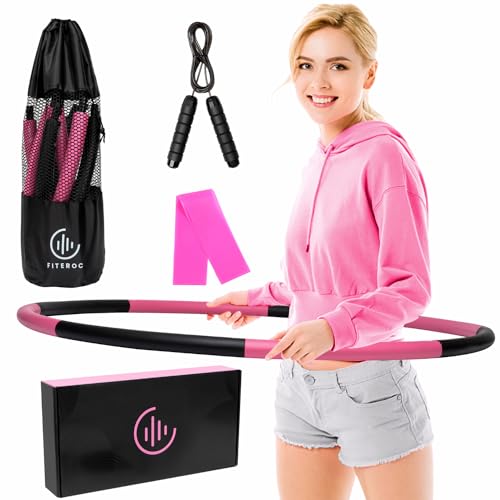 Fiteroc Weighted Fitness Hula Hoop Adult Beginner - Weighted Hula Hoop for Adults - Detachable and Portable - Exercise Holahoop with Jump Rope, Resistance Band and Carry Bag - Black/Pink