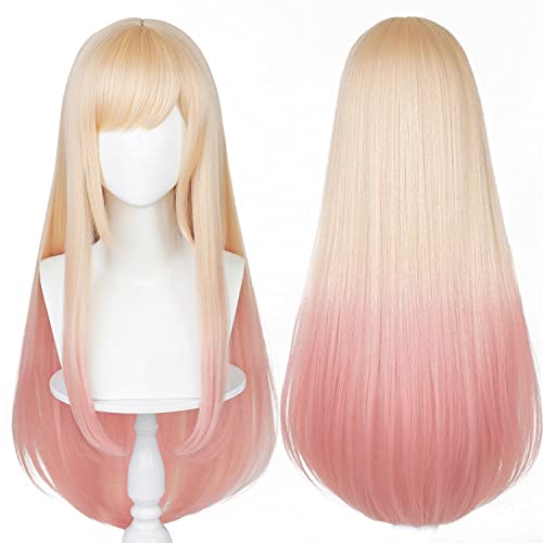 Ombre Pink Wig for Cosplay Costume Wig Straight Blonde Golden Anime Cute Kawaii Wig with Bangs + Cap (Ombre Pink) - Ombre Pink