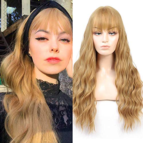 HUA MIAN LI Long Wavy Wig With Air Bangs Silky Full Heat Resistant Synthetic Wig for Women - Natural Looking Machine Made 26 inch Replacement Wig for Party Cosplay Body Wavy (Yellow) - Dark Yellow