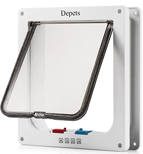 Depets Large Cat Door (Outer Size 9.9" x 9.2"), 4 Way Locking Cat Flap Door for Interior Exterior Doors, Weatherproof Pet Door for Circumference < 23" - L - Inner size: 7.08" x 7.48"(W x H)