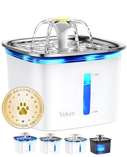 Veken 95oz/2.8L Cat Water Fountain with Stainless Steel Lid, Automatic Pet Fountain Dog Water Dispenser with Replacement Filters for Cats, Dogs, Multiple Pets (Silver, Stainless Steel) - Silver - Stainless Steel